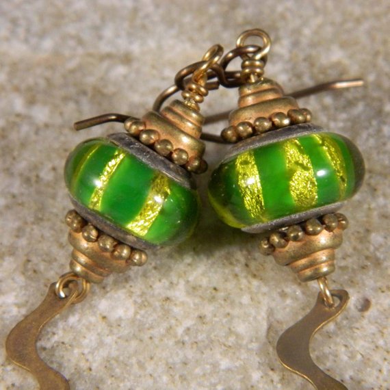 Vibrant Green Lampwork Dangle Earrings
